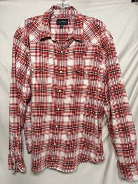 Lucky Brand Men's Red and White Plaid Long Sleeve Pearl Snap Flannel